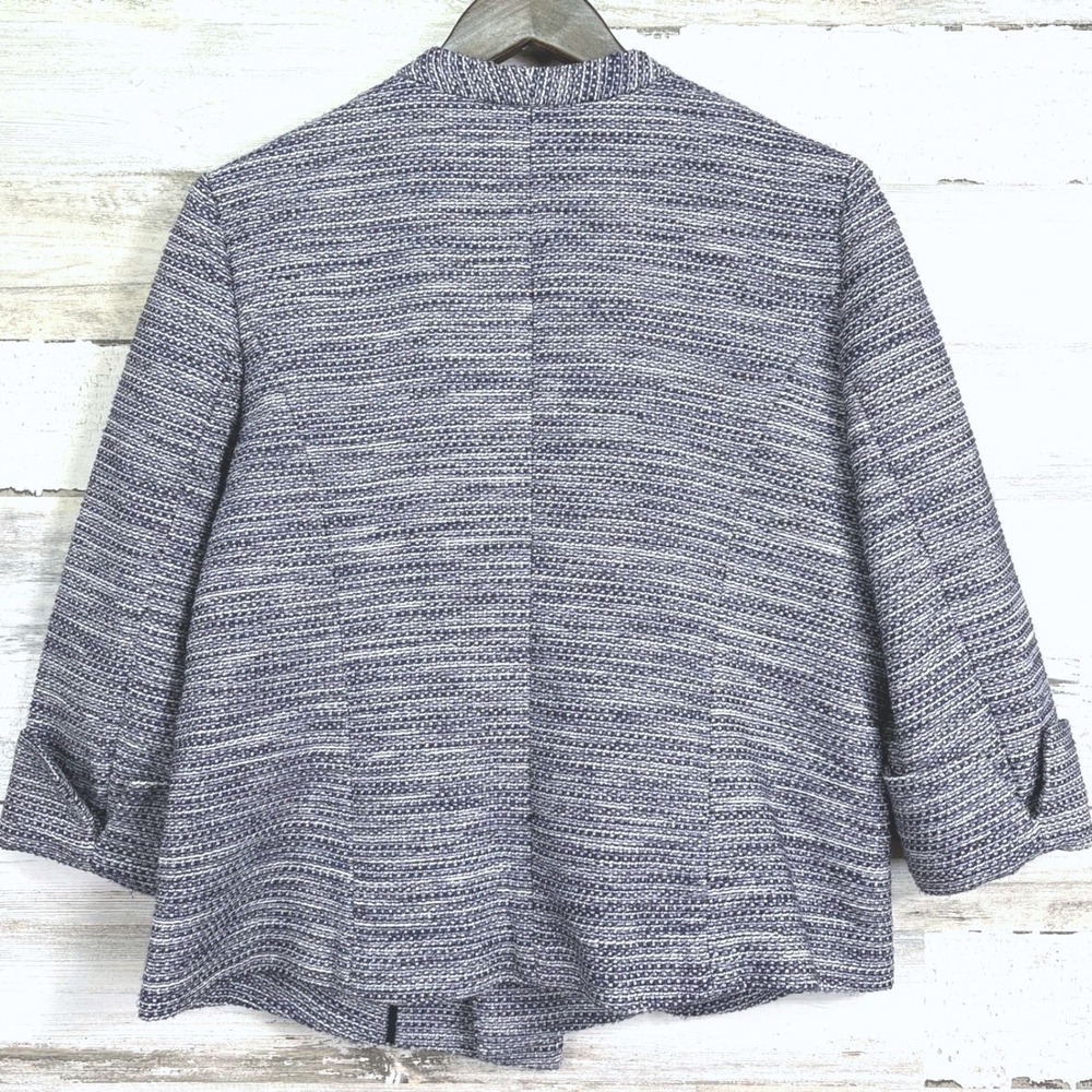 Alfani Size 12 Blue White Textured Open Front Blazer Jacket 3/4 Slv Zip Pockets - Picture 2 of 10